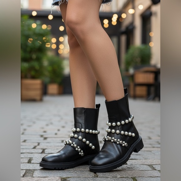 ZARA Size 38 US 8 Black Ankle Boots Pearls Studs R $178 - Picture 10 of 11